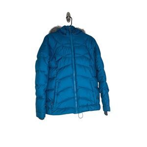 Columbia Women's Blue Puffer Jacket Large Fur Trim Hood Winter Casual